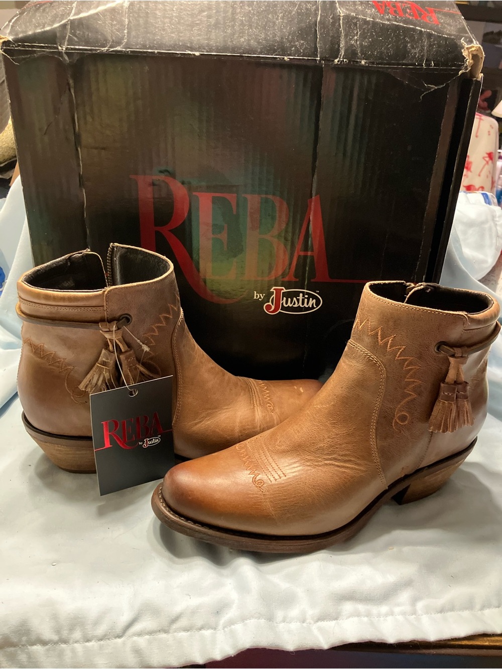 Justin Boots Reba Tan Leather Ankle Booties with Tassel Detail